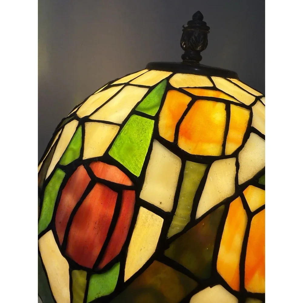Vintage Tiffany Style Stained Glass Tulip Table Lamp Antique Bronze Base‎ 22